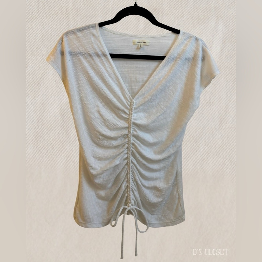 Max Studio Cream Ruched V-Neck Blouse